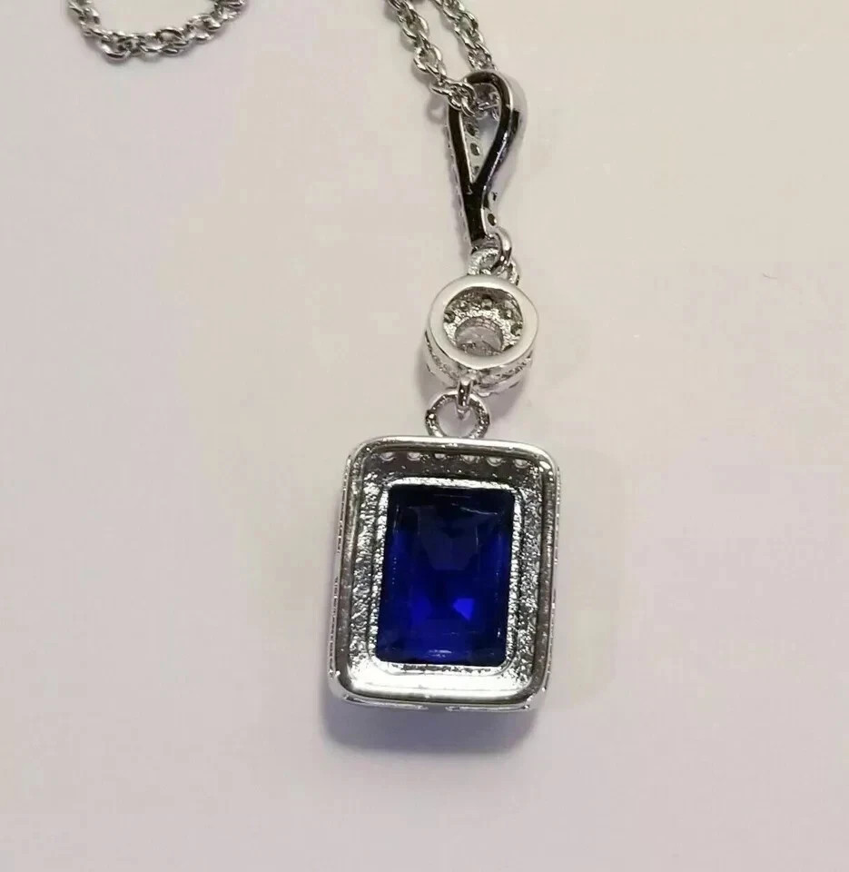 2.50Ct Emerald Cut Blue Sapphire Halo Pendant 14K White Gold Finish Free Chain
