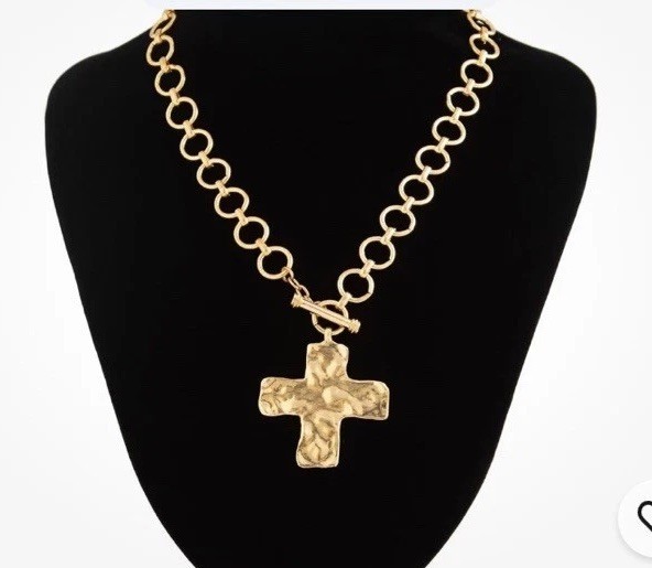 Chunky Cross Necklace 18K Gold Layered Hammered Jewelry Statement Pendant NWT US