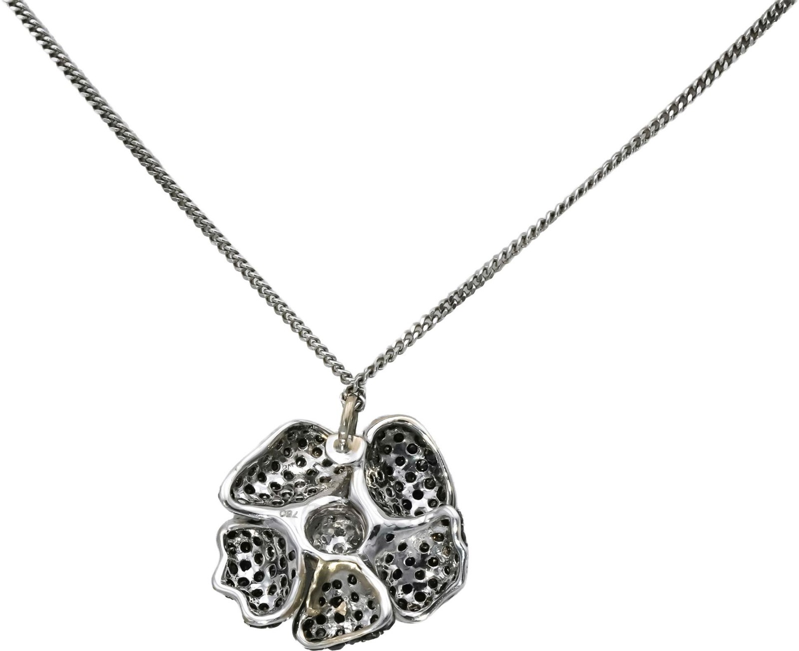 18k White Gold White and Black Diamond Cluster Flower Pendant Necklace 1.25CT