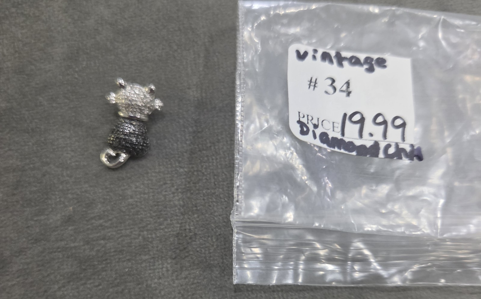 Estate OTC Diamond 1/4Ct Black White Cat Sterling Silver 925 Figural Pendant