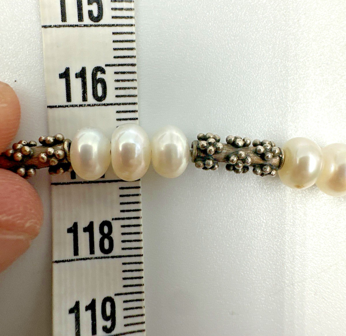 Sterling Silver Pearl Brutalist Caviar Popcorn Bead Station Necklace 16″ 28.6g