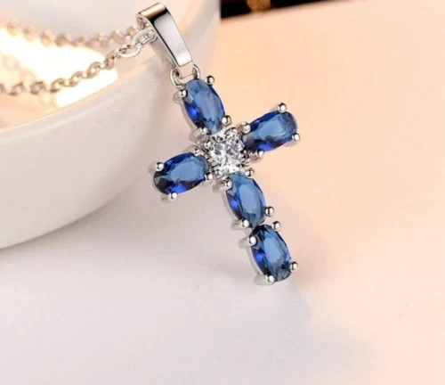 3.00Ct Oval Cut Lab Created Blue Sapphire Cross Pendant 14K White Gold Finish