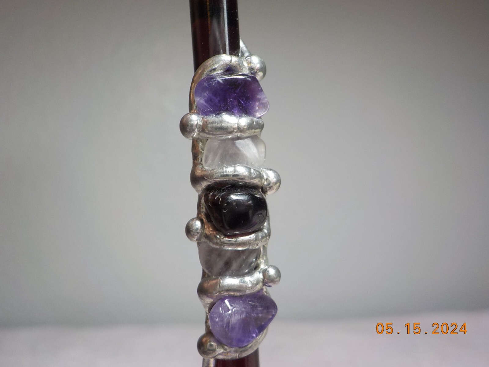 STERLING SILVER WRAPPED AMETHYST/QUARTZ CLEAR POINT/PINK QTZ HEALING WAND/STICK
