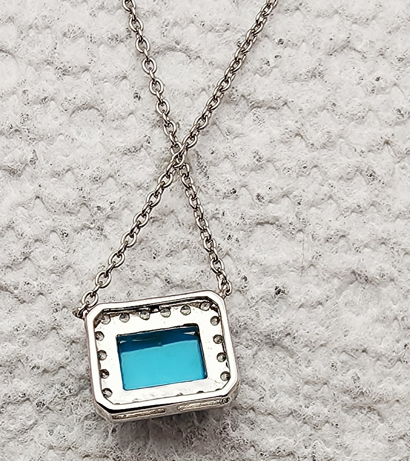 Wonderful Sterling Silver Turquoise Clear Stone Rectangle MLD 18” Necklace
