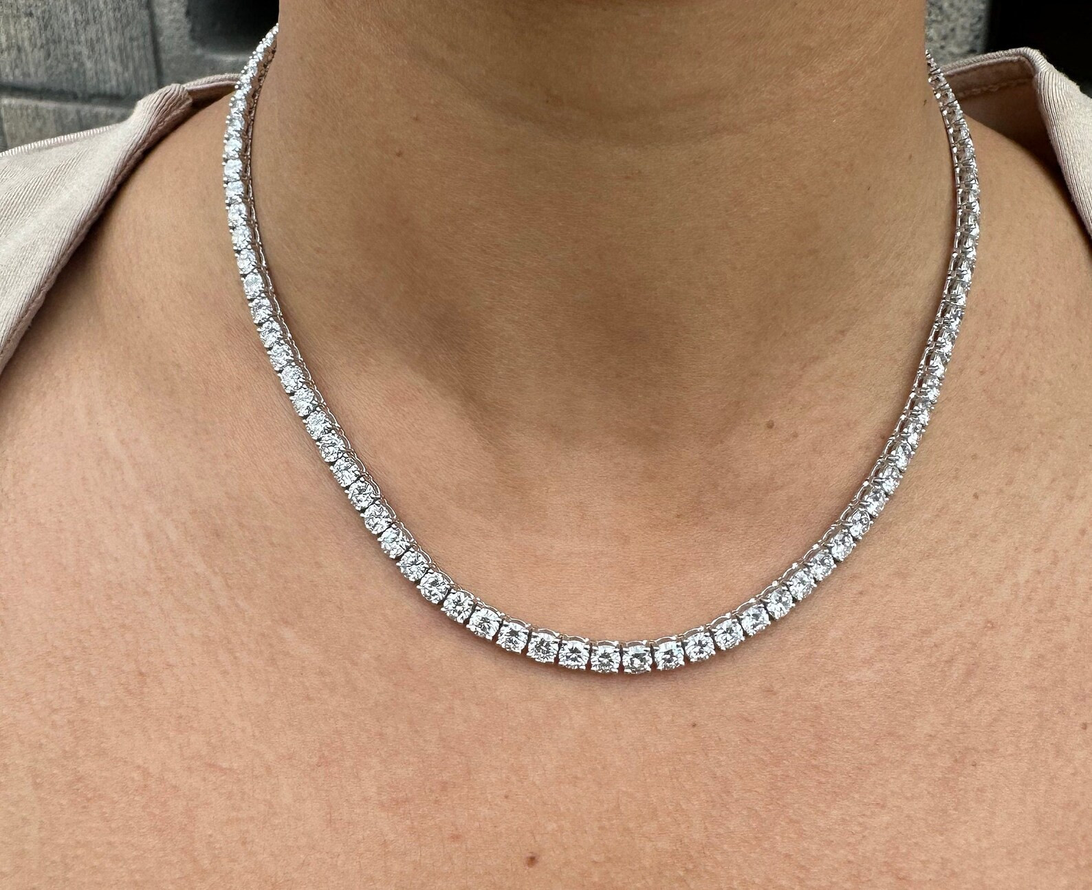 15 Carat Round Natural Diamond Tennis Necklace 14K Yellow Gold 16 inch