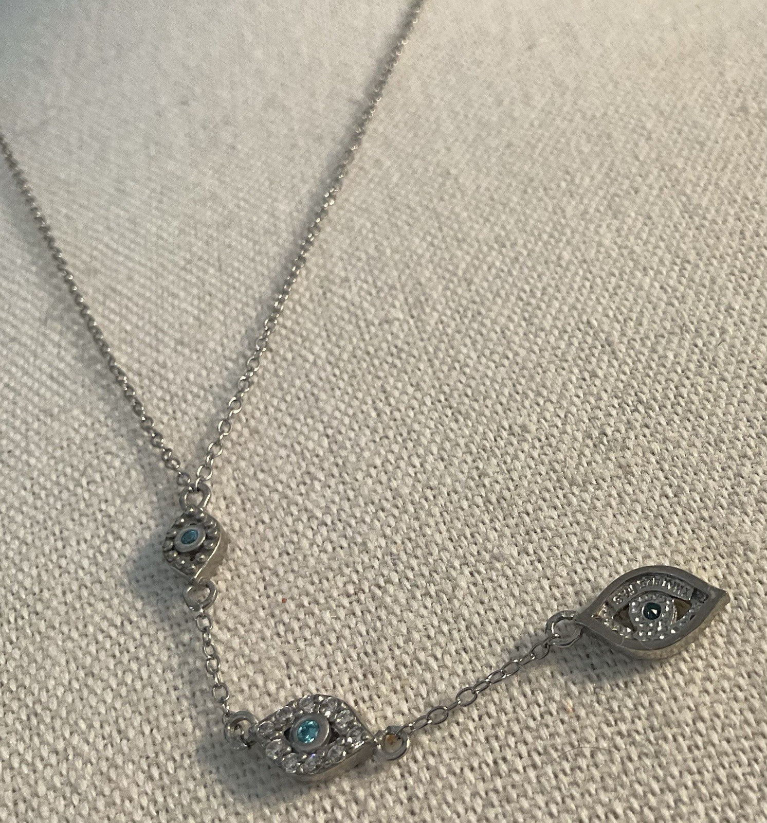 FAS Signed STERLING SILVER EVIL EYE 3 Drop PENDANT NECKLACE 16-3” Drop 2.5”