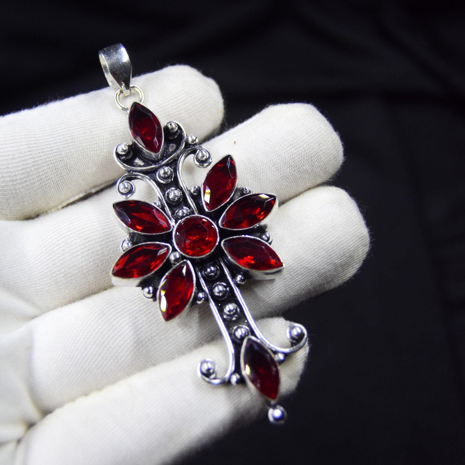 Red Garnet Gemstone Gothic Style Pendant 925 Sterling Silver Jewelry Necklace