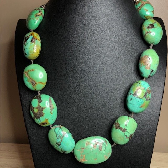 B3915 VTG Chunky Turquoise Nugget Necklace Sterling Silver Hook Amethyst *damage