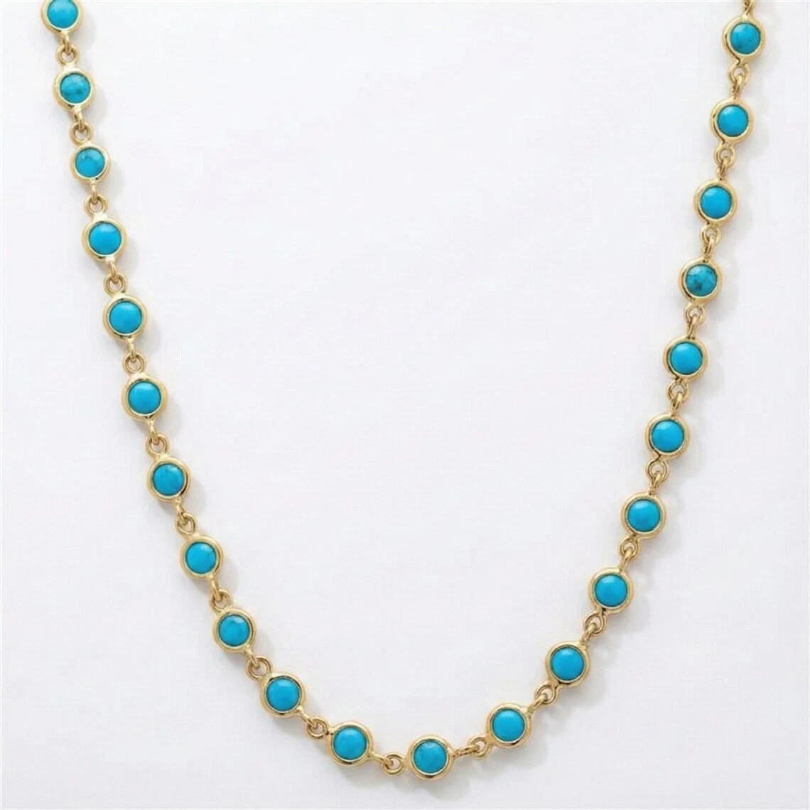 Round Cut Blue Turquoise Station Necklace Lobster 18in 14k Yellow Gold Plated