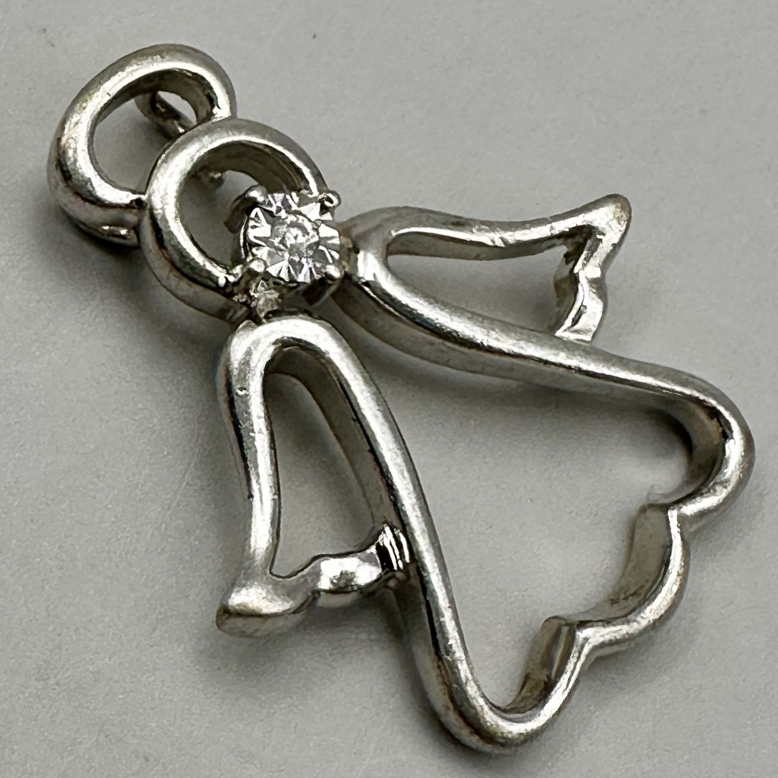 Angel Outlined Pendant Halo Signed AU 925 Sterling Silver Center Diamond Stone
