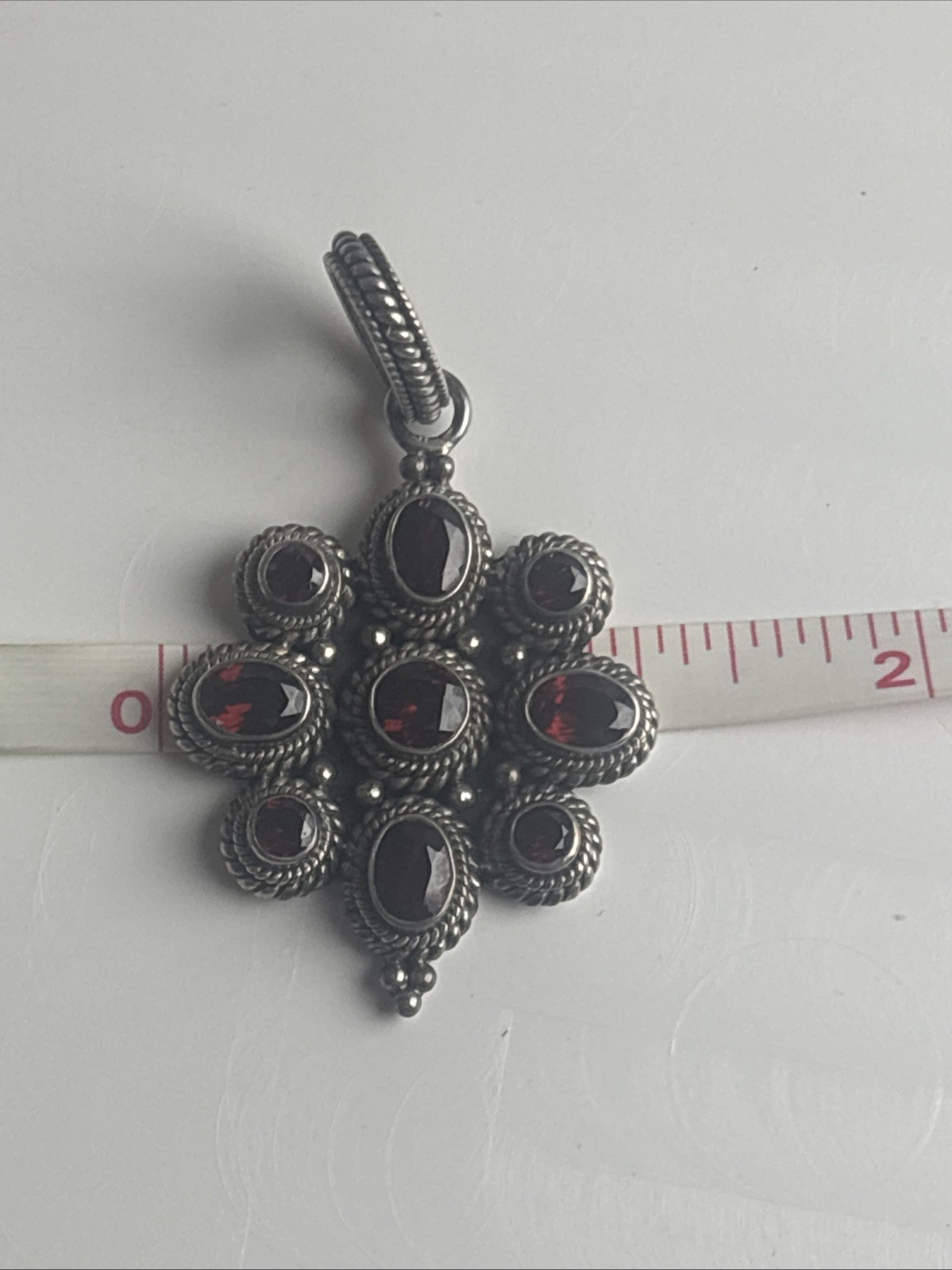 India Made Sterling Silver 925 Cluster Flower Garnet Stones Pendant 2″ Long
