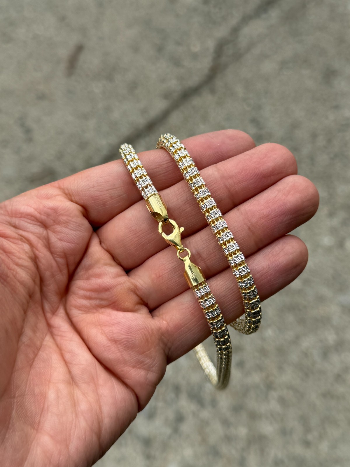 5.5mm 14k Yellow Gold Two Tone Diamond-Cut Ice Link Chain Sterling Silver 925