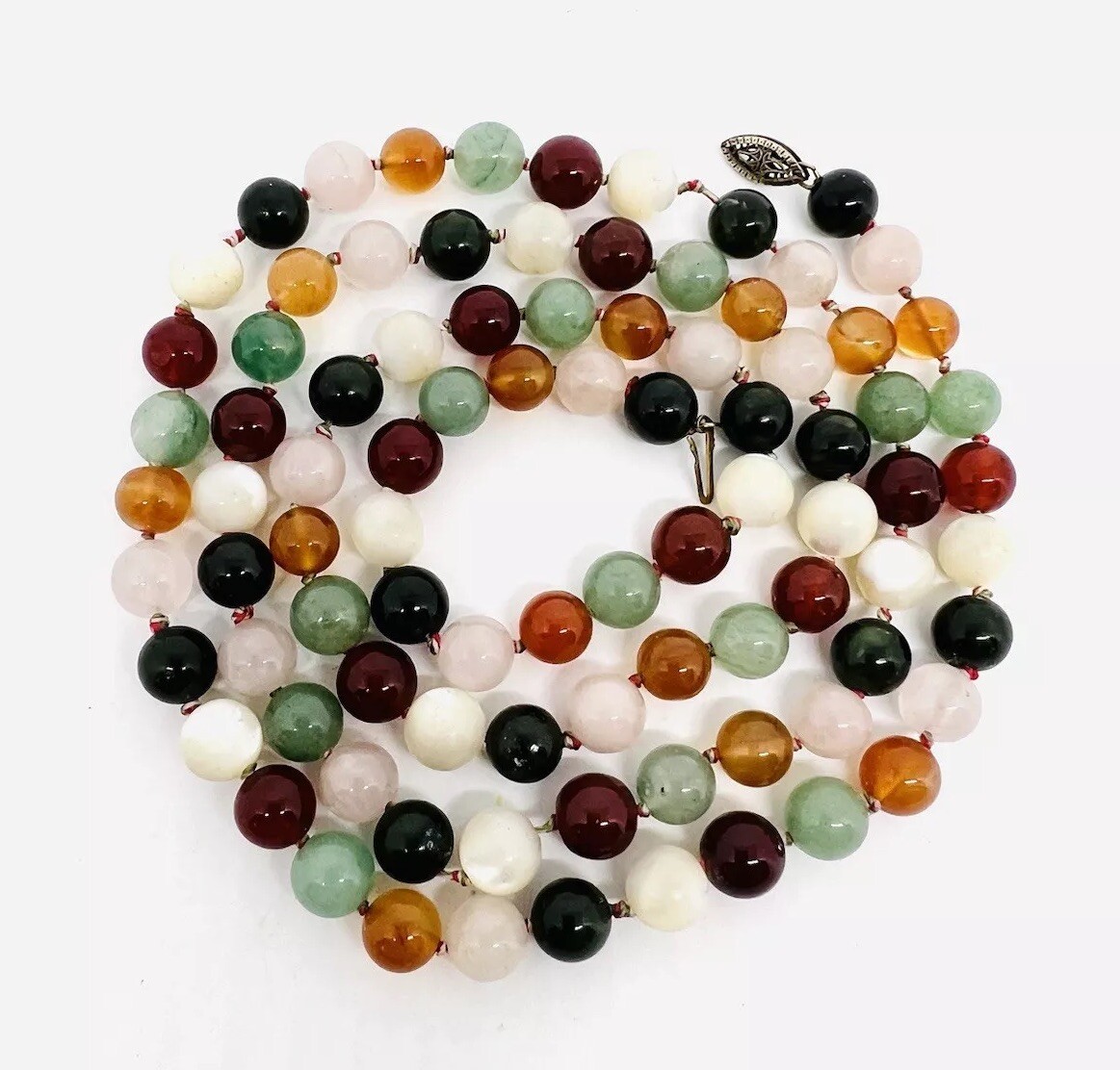 Sterling Silver Carved Multi Gemstone Beaded Necklace 67gm 32 in Vintage Jewelry