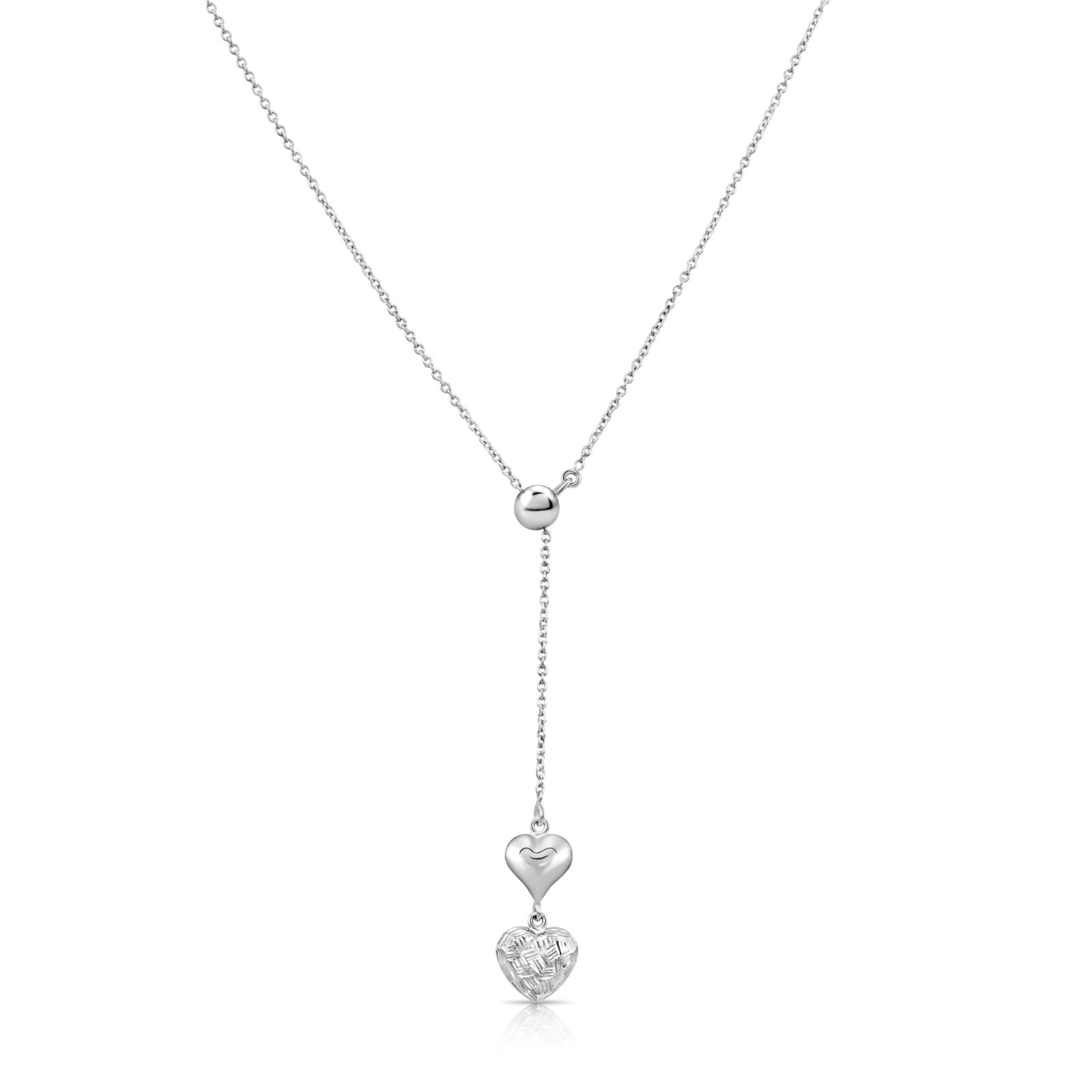 925 Solid Sterling Silver Double Heart Dangle Lariat Y-Drop Adjustable Necklace