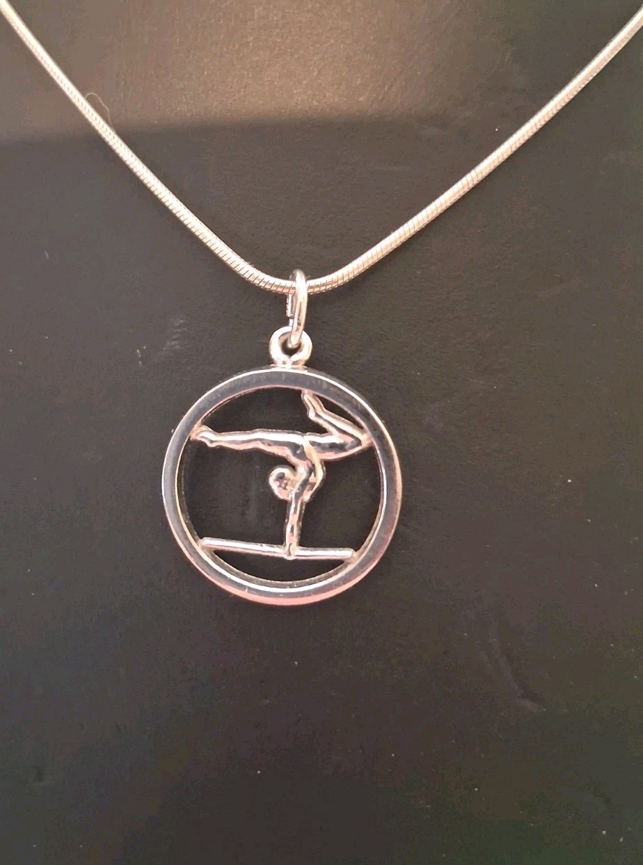 Sterling silver gymnast female high beam cut out pendant necklace Gymnastics 16″