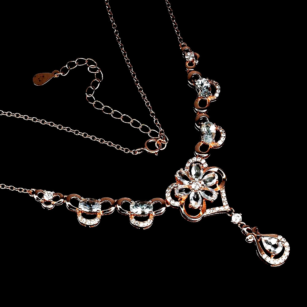 AAA+ AQUAMARINE NECKLACE W/WHITE CZ ACCENTS .925 STERLING SILVER 14K RGP 16.5 IN