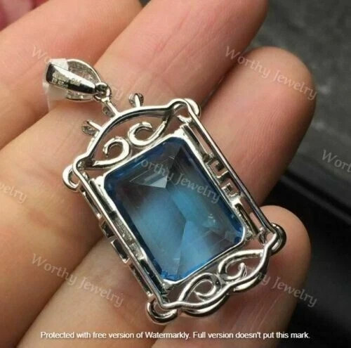 4Ct Emerald Cut Blue Topaz Solitaire Pendant 14K White Gold Finish With Chain
