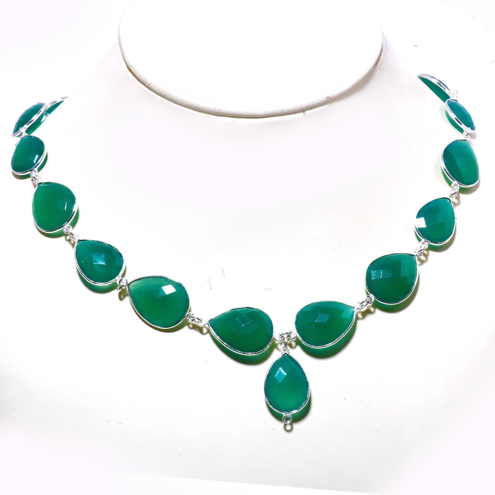 Exclusive Green Onyx Pear Gemstone Charm Necklace Silver or Gold Plated Chain