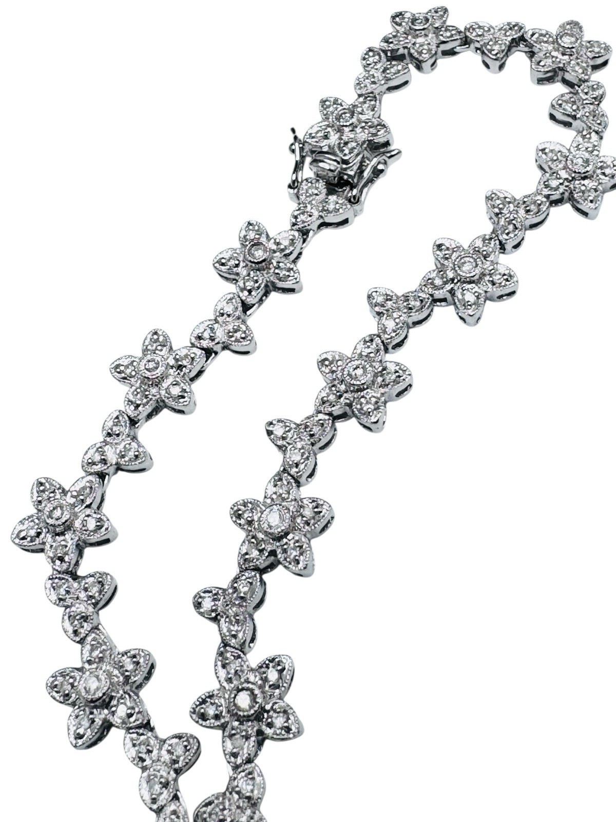 18k White Gold 1.28ctw Diamond Flower Riviere Necklace Deco Style 16″ 32g