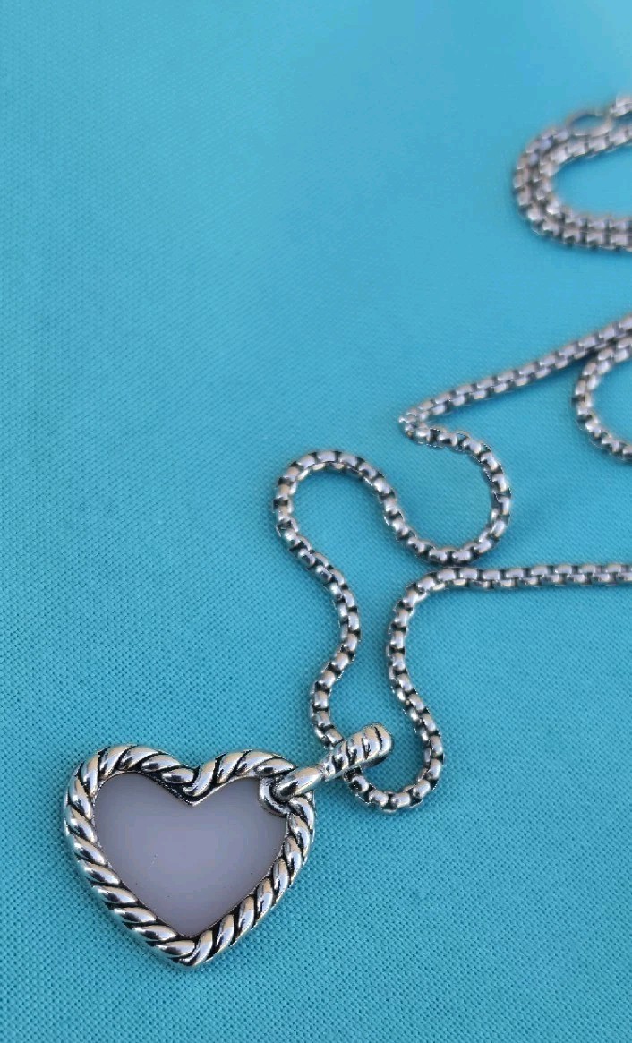 David Yurman DY Elements Pink Opal Heart Amulet Sterling Silver Pave Diamonds