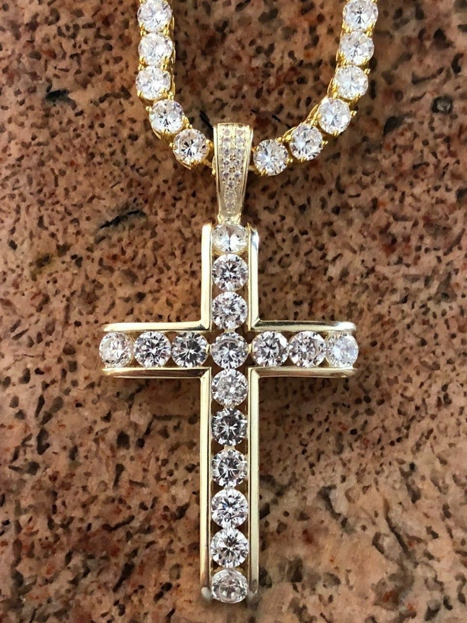 14k Gold Plated Real Solid 925 Silver Channel Set Cross CZ W. Chain Men’s ICY