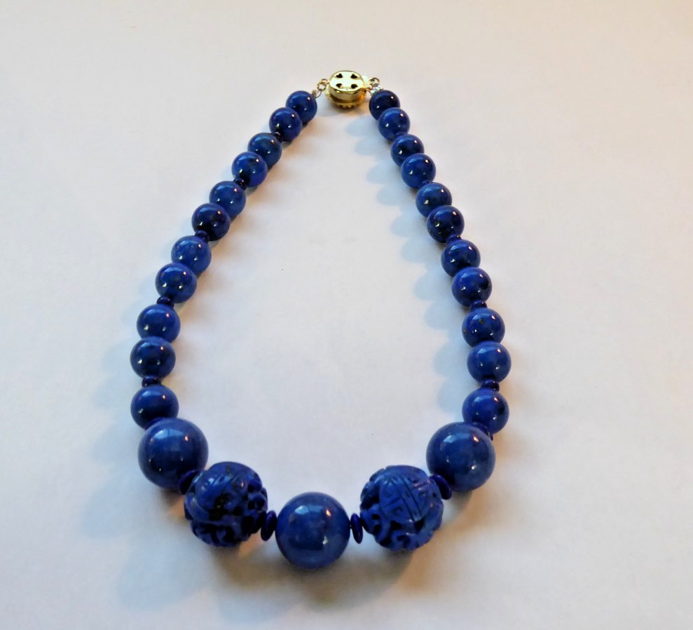 Carved Lapis Lazuli Bead Statement Necklace 15″ long 15mm & 9mm Round beads Asia