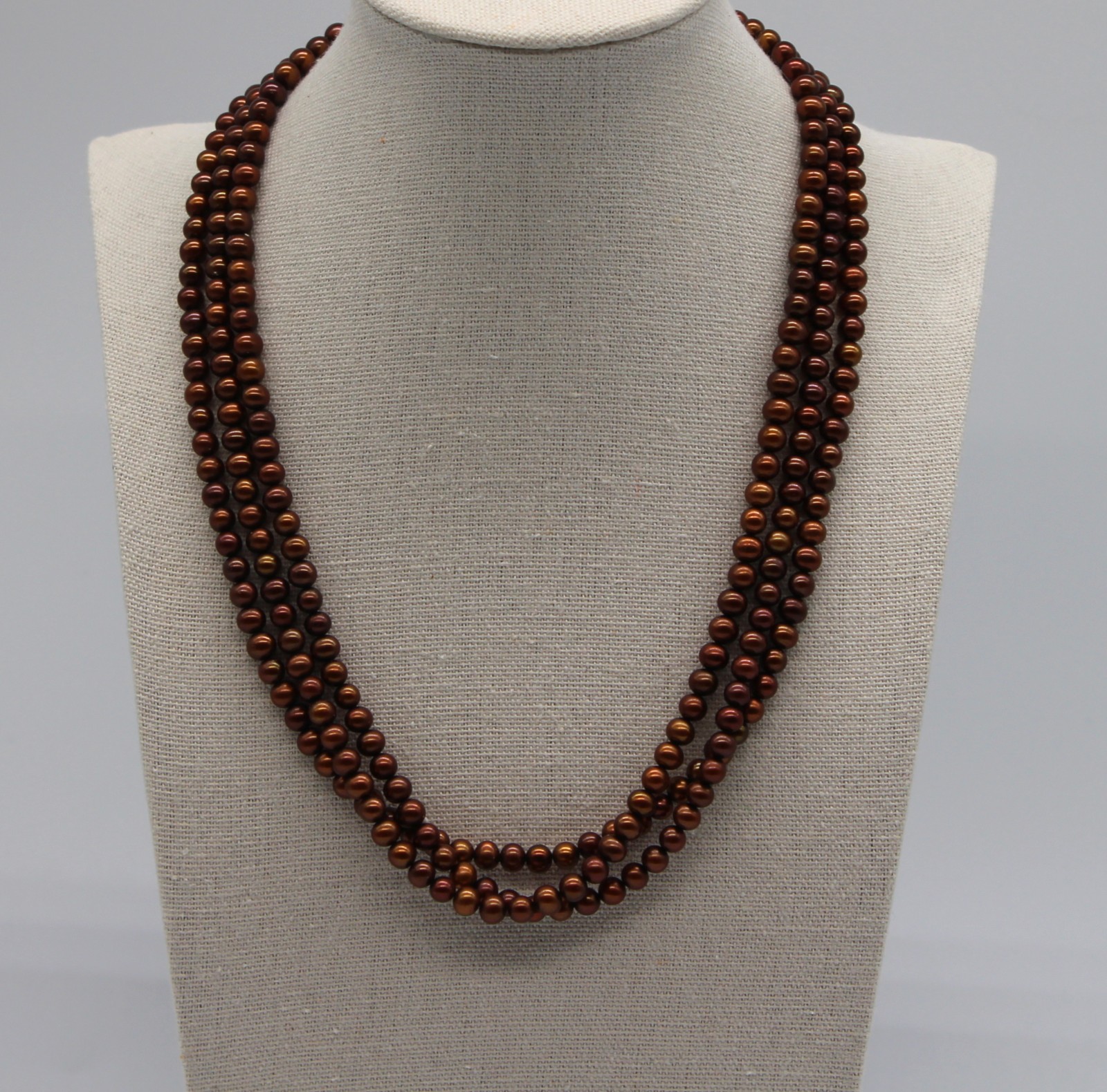 FIC 14K Freshwater Pearl 5 mm Round Triple Strand Necklace Chocolate Brown 18″