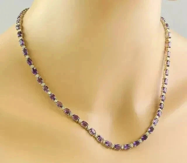 20TCW Oval Lab Created Amethyst & Diamond Tennis Necklace 14k Yellow Gold Over