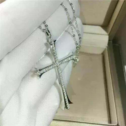1.00Ct Round Cut VVS1 Diamond Cross Pendant 14K White Gold Finish Free Chain