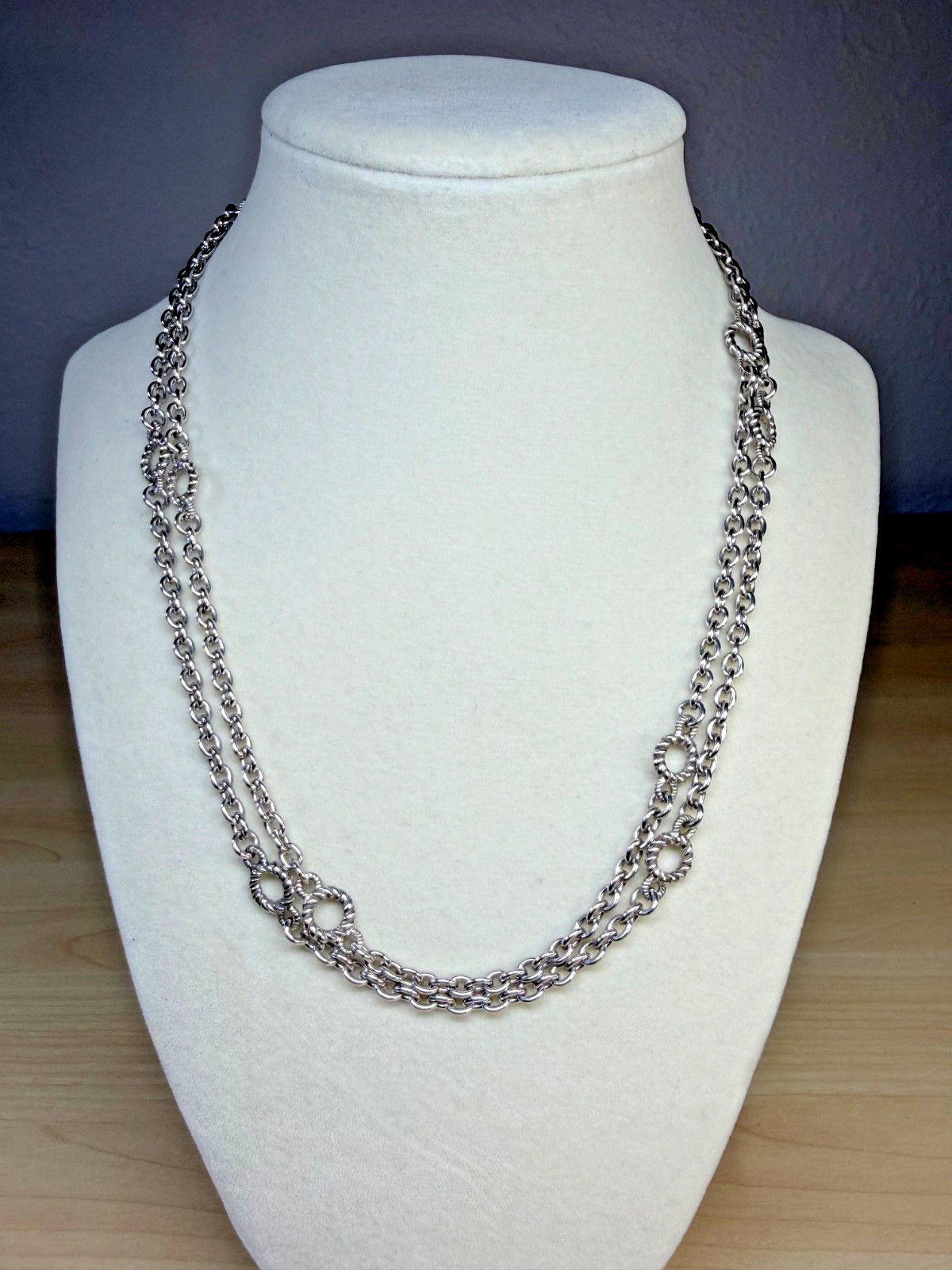 Judith Ripka Sterling Silver Oval Link Chain Round Texture Station Necklace 36in