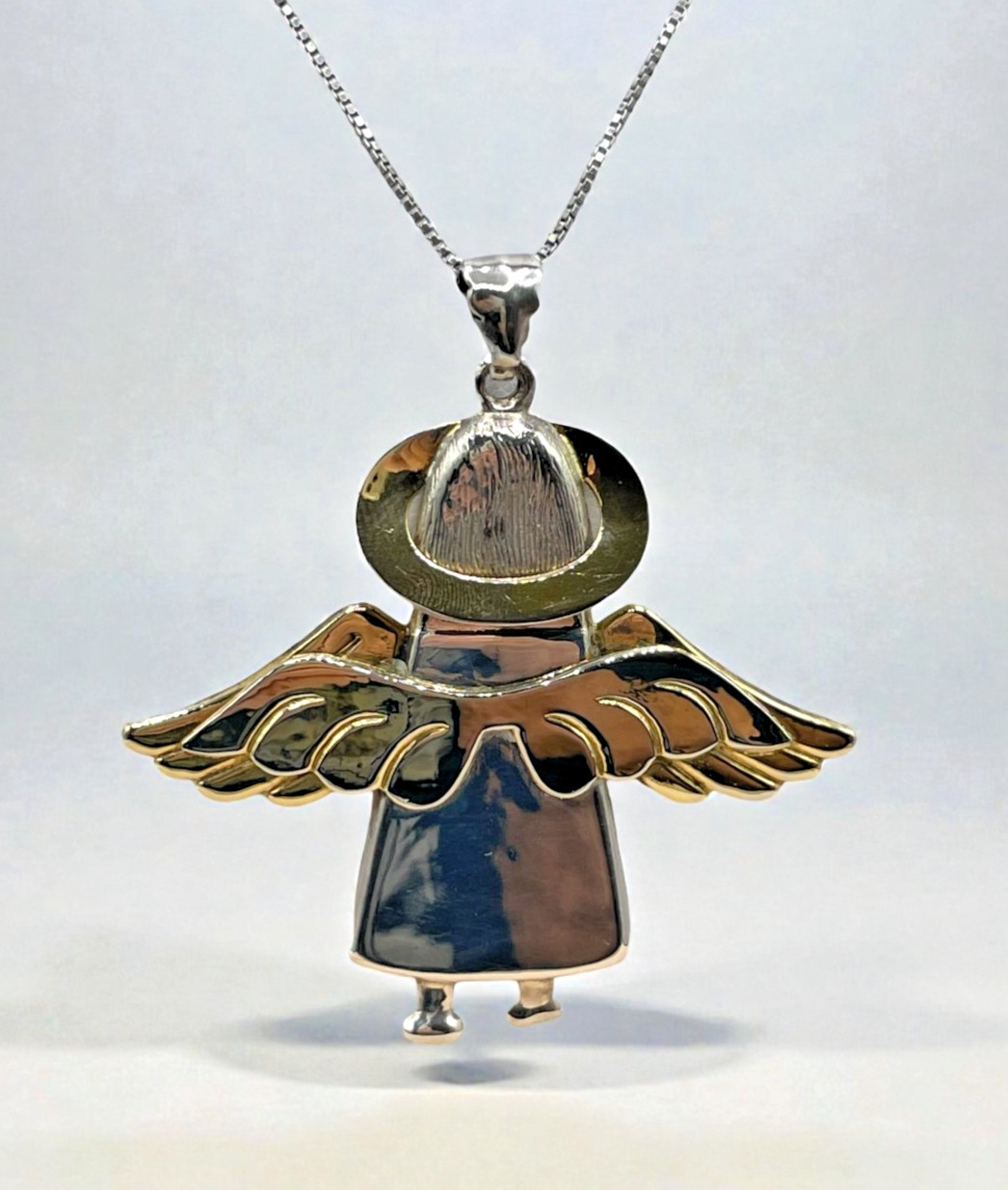 VTG 925 Sterling Silver Gold Wash Large Angel Pendant on Italy chain necklace