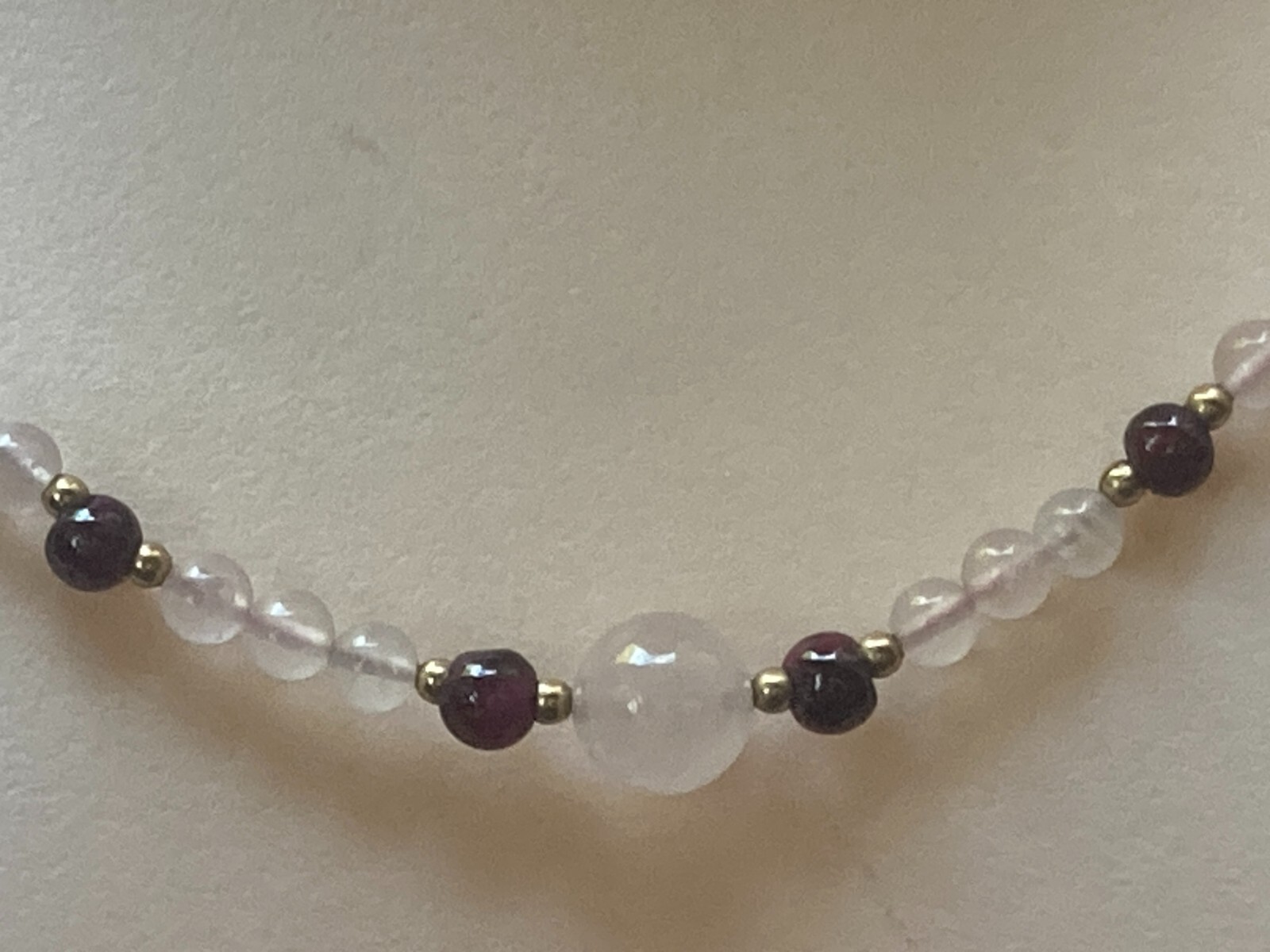 14k Gold Filled Genuine Garnet and Rose Quartz 18 Inch Single Strand Necklace