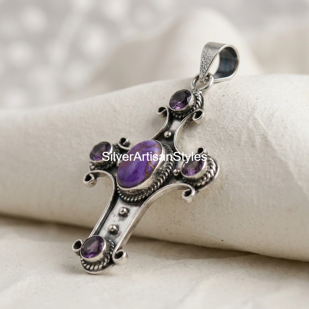 Purple Turquoise, Amethyst Gemstone Handmade 925 Sterling Silver Pendants Gifts