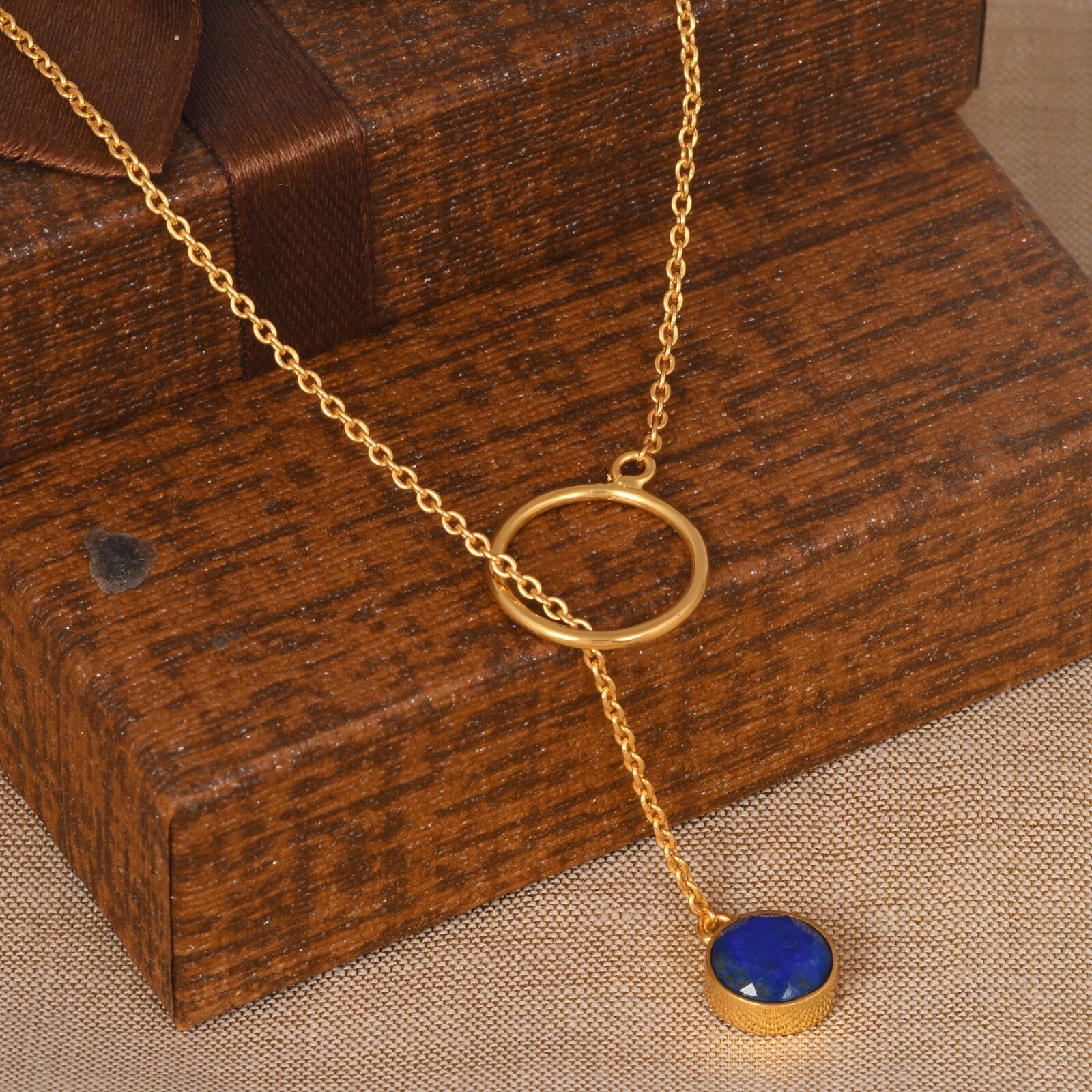 Cross Lariat Chain Pendant Round Lapis Yellow Gold Vintage Minimalist Necklace