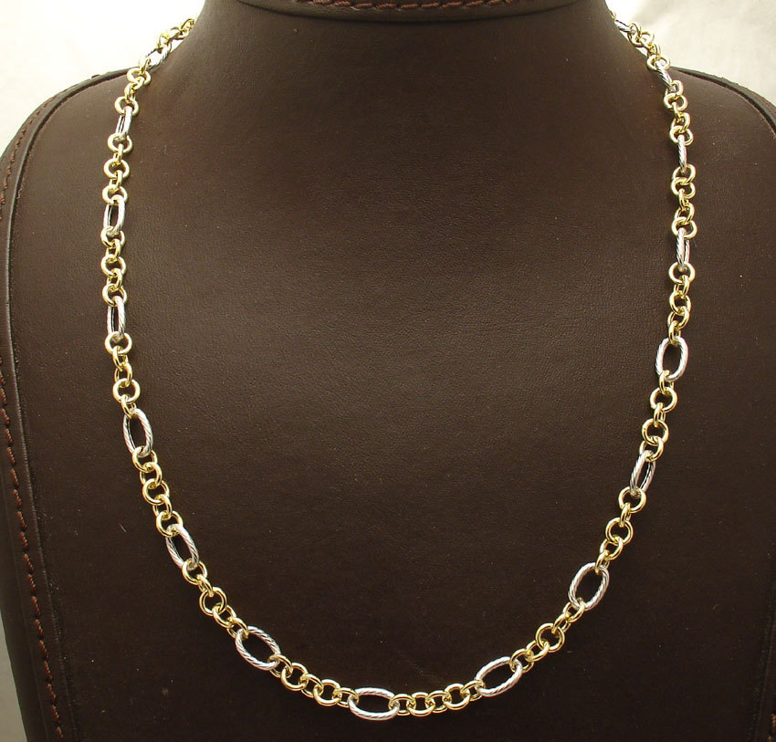 Textured Oval & Circle Rolo Chain Necklace Real 14K Yellow White TwoTone Gold