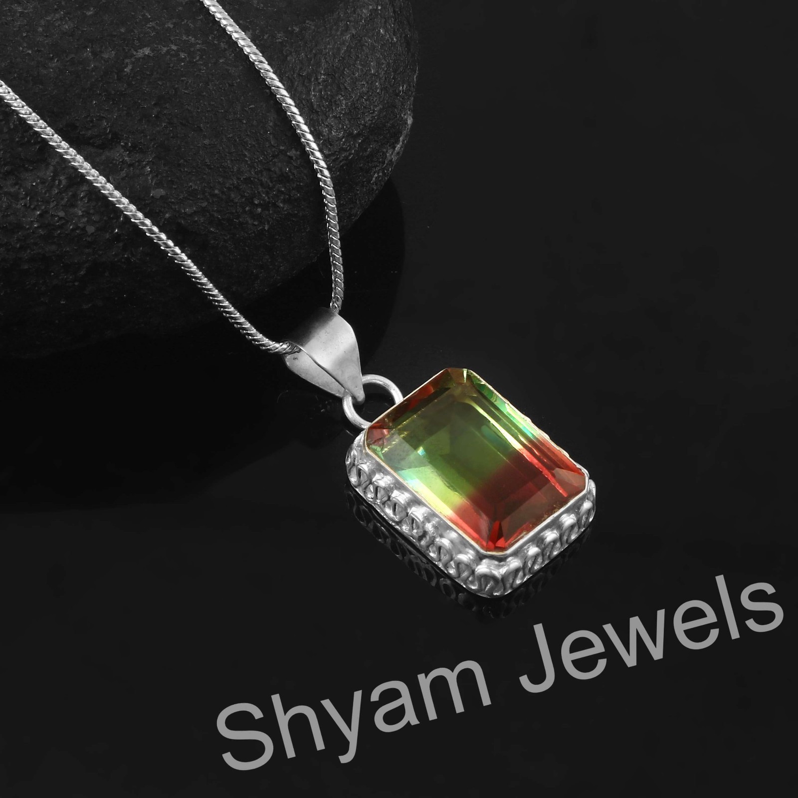 Sterling Silver Genuine Multi Tourmaline Gemstone Pendant With Chain Jewelry
