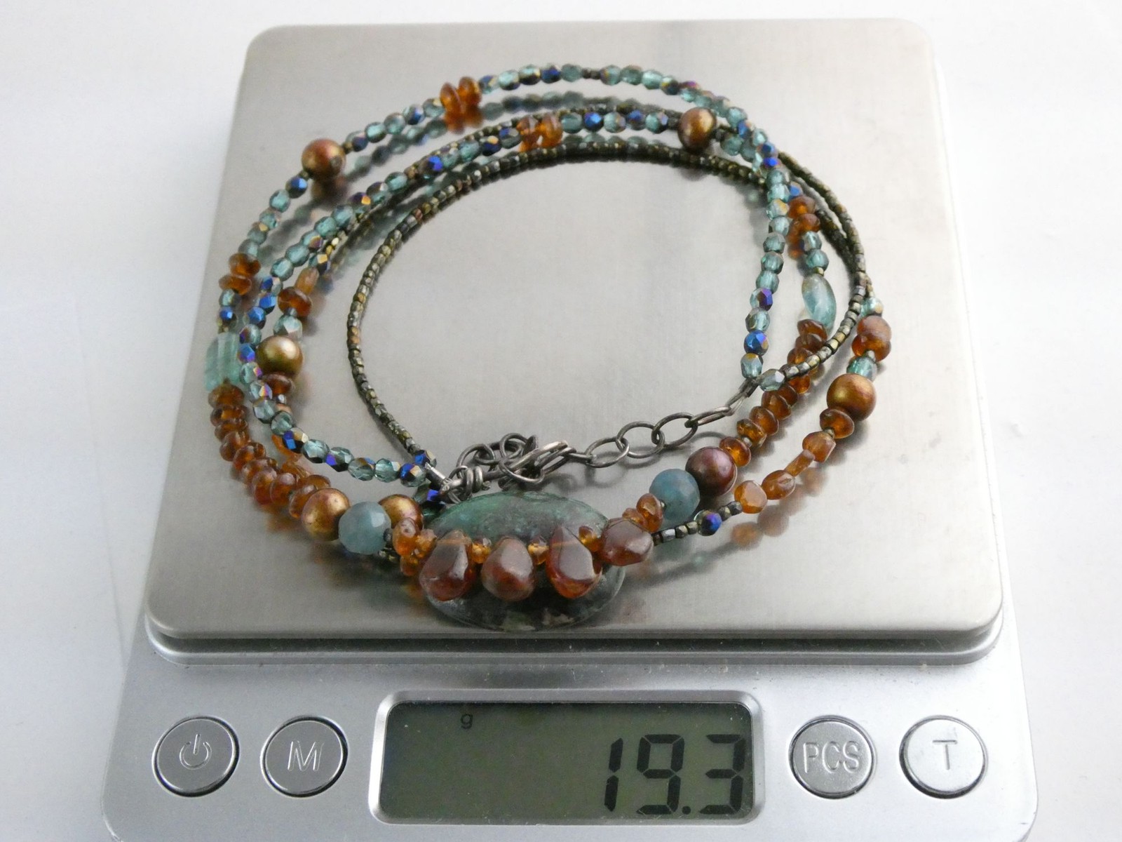 Sterling Silver Amber Chrysocolla Multi Gemstone Two Strand Necklace 17.5 In 19g