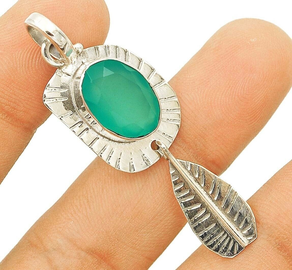Natural Aquamarine Chalcedony 925 Sterling Silver Pendant 2” Long @B3-1