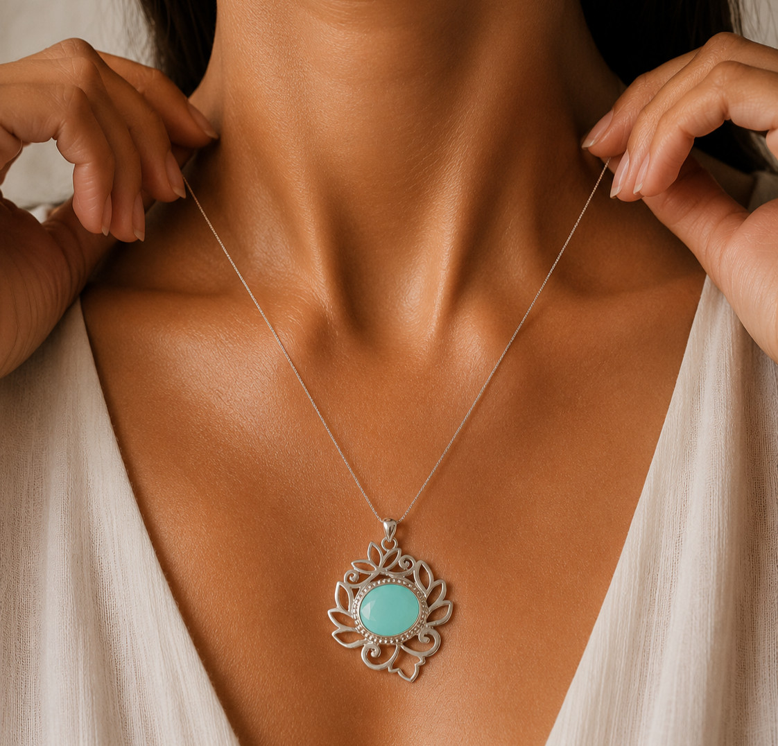 Aqua Chalcedony Gemstone 925 Silver Jewelry Handmade Pendant 1.48″ For Mother