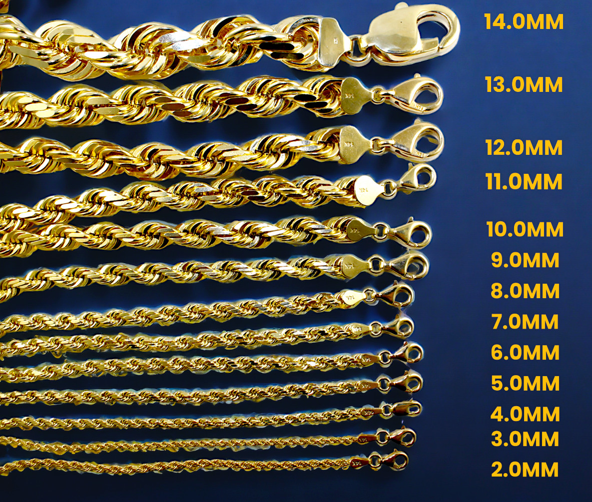 14K Yellow Gold 1mm-10mm Rope Chain Necklace Diamond Cut All Sizes Real