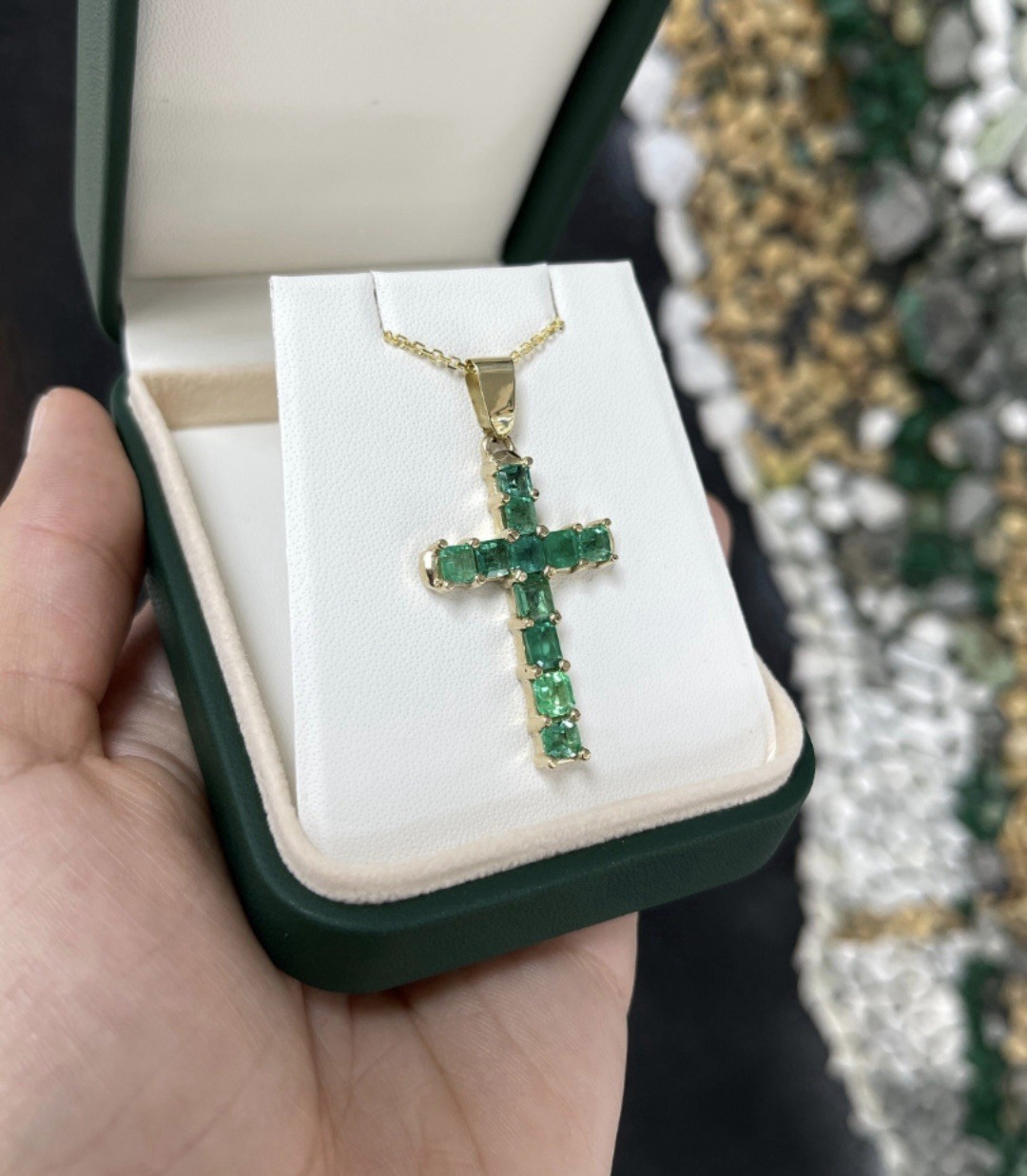 Certified Emerald Cross Pendant 14k Solid Yellow Gold Natural Emerald Pendant