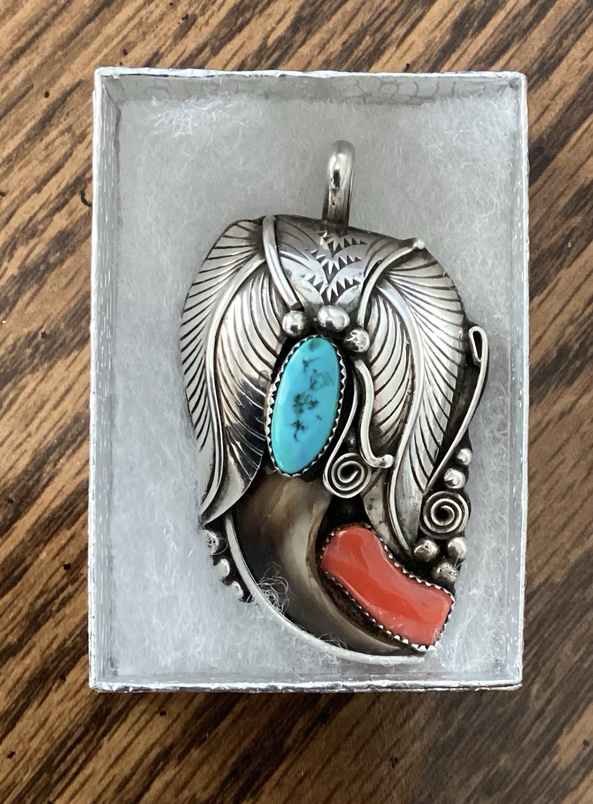 Vintage Navajo Sterling silver Natural Turquoise Red Coral Pendant signed
