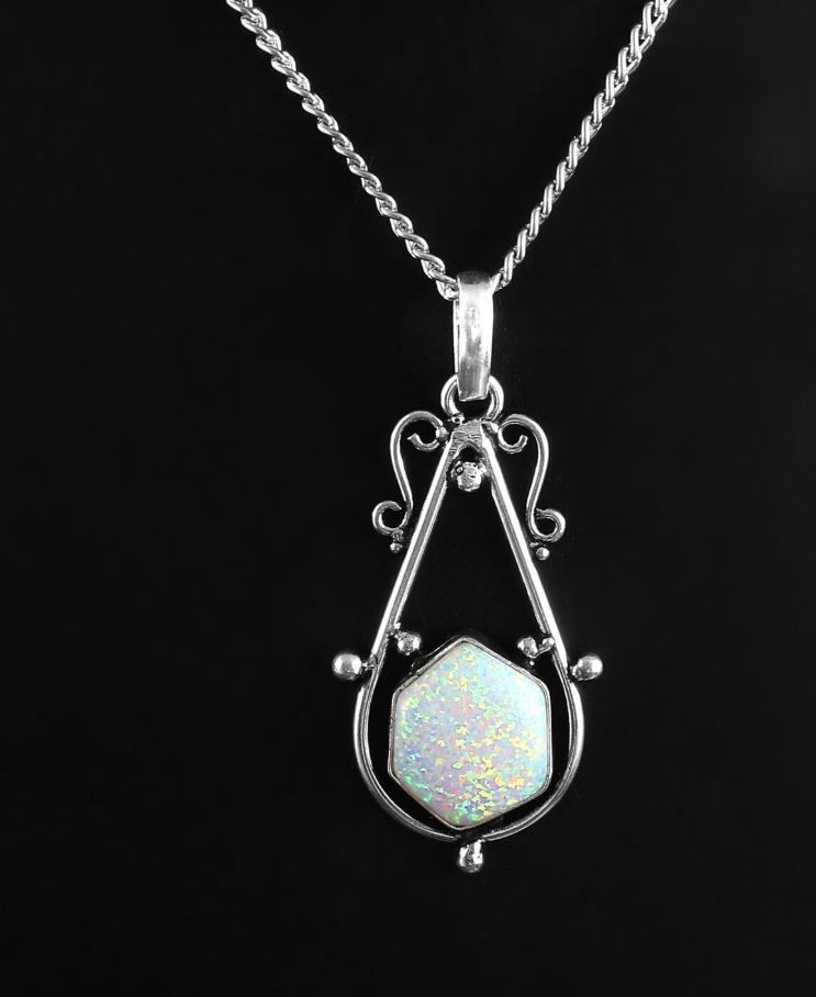 Fire Opal Minimalist Jewelry Hexagon Shape Opal Gemstone 925 Silver Gift Pendant