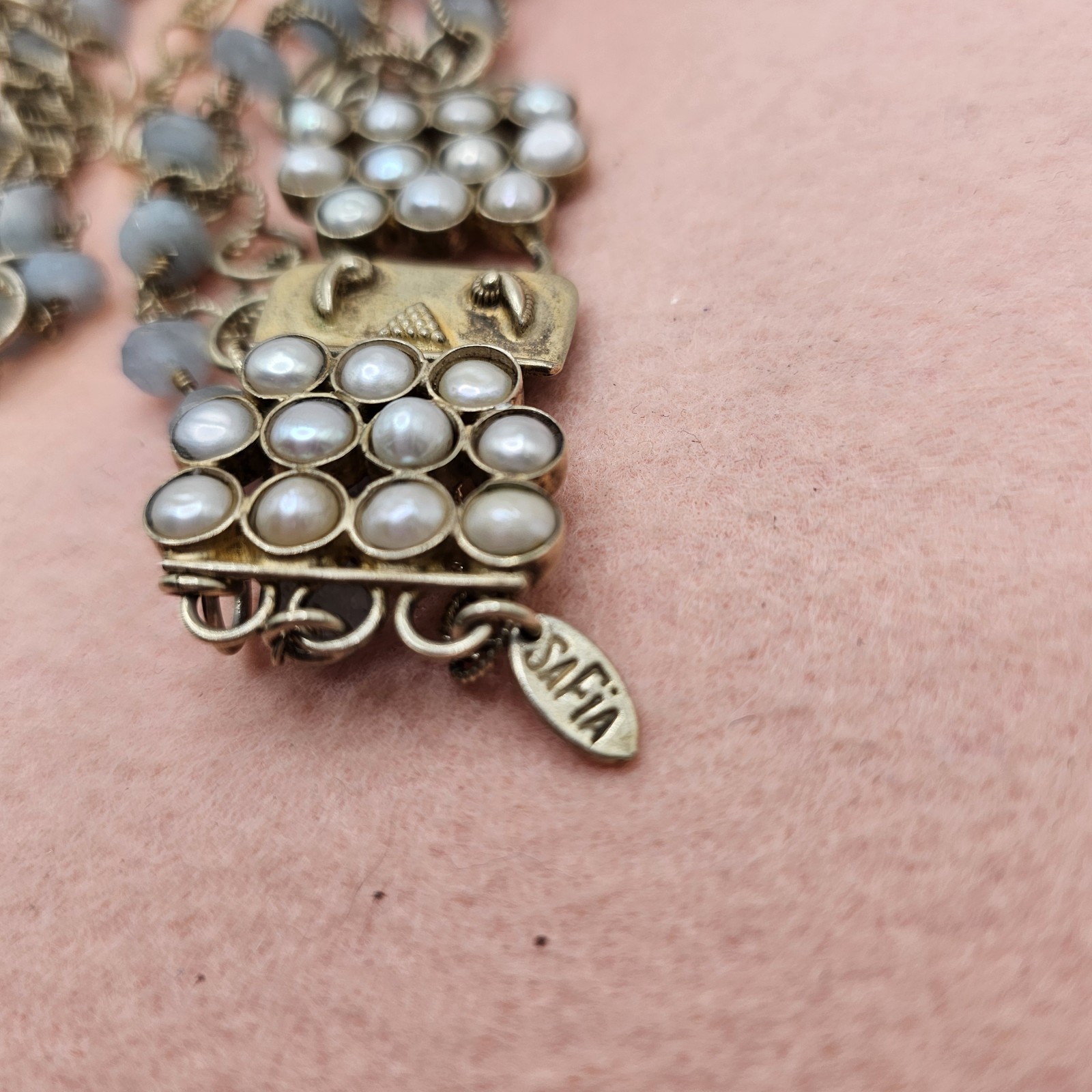 Safia Aquamarine Necklace Vintage 925 multi chain Box pearl fold over clasp 36″