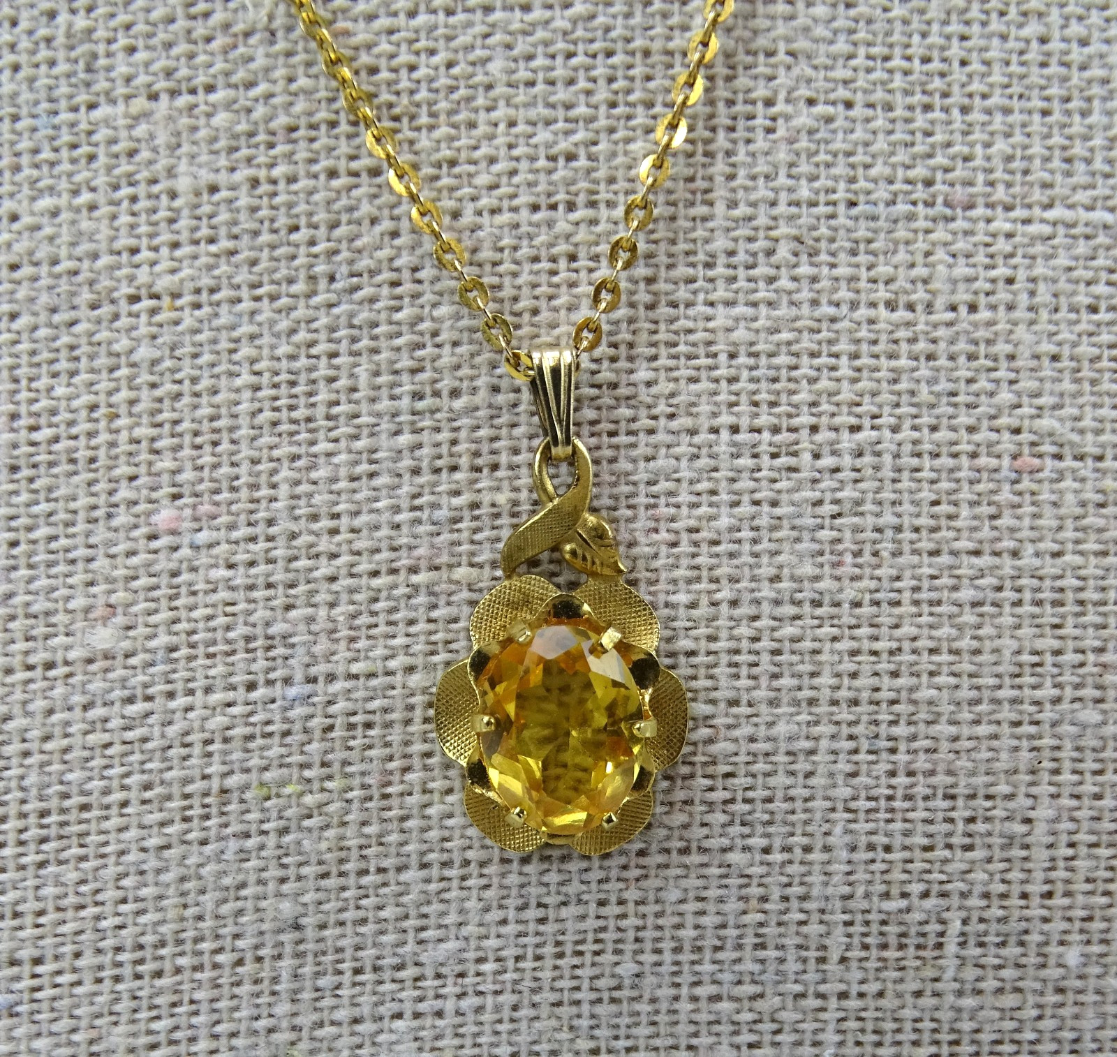 Vintage Citrine-yellow Floral-themed Pendant, 15” Chain, Gold Filled 1/20 12K GF