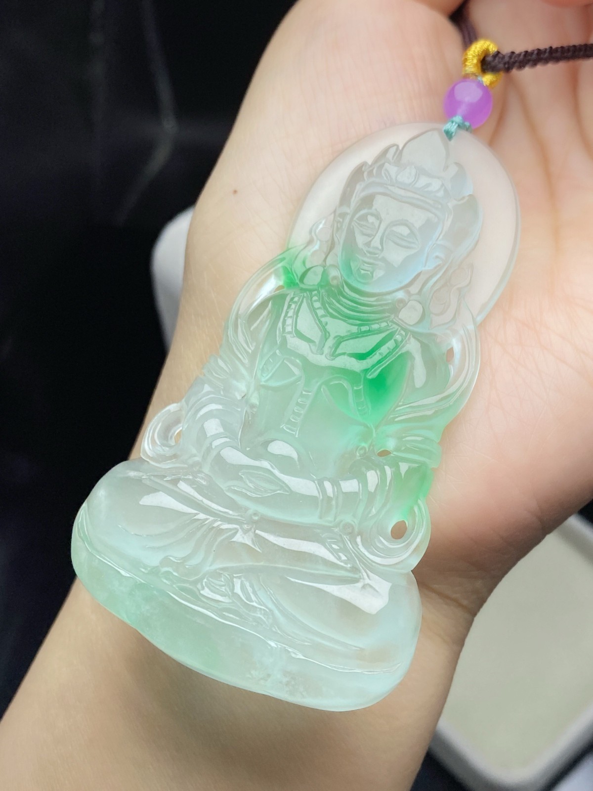 Natural Jadeite light green Carved Guanyin Lucky big Pendant jade Amulet 观音