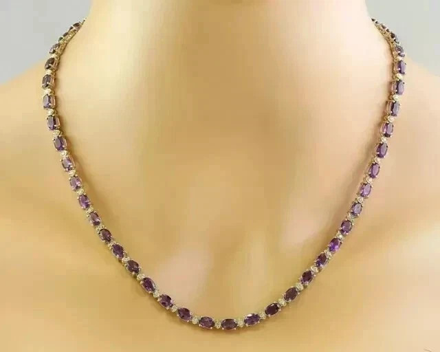 20TCW Oval Lab Created Amethyst & Diamond Tennis Necklace 14k Yellow Gold Over