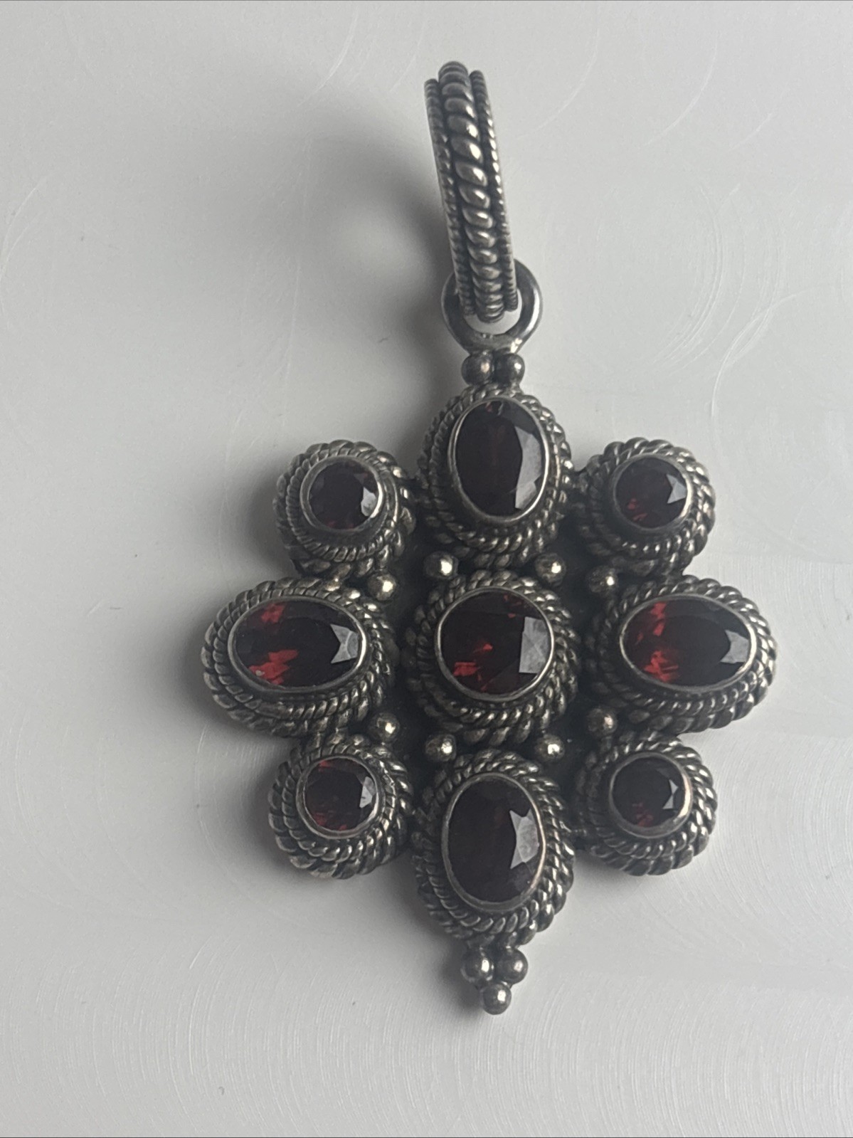 India Made Sterling Silver 925 Cluster Flower Garnet Stones Pendant 2″ Long