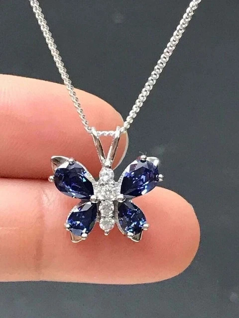 Pear Cut Lab Created Blue Sapphire Women Butterfly Pendant 14k White Gold Plated