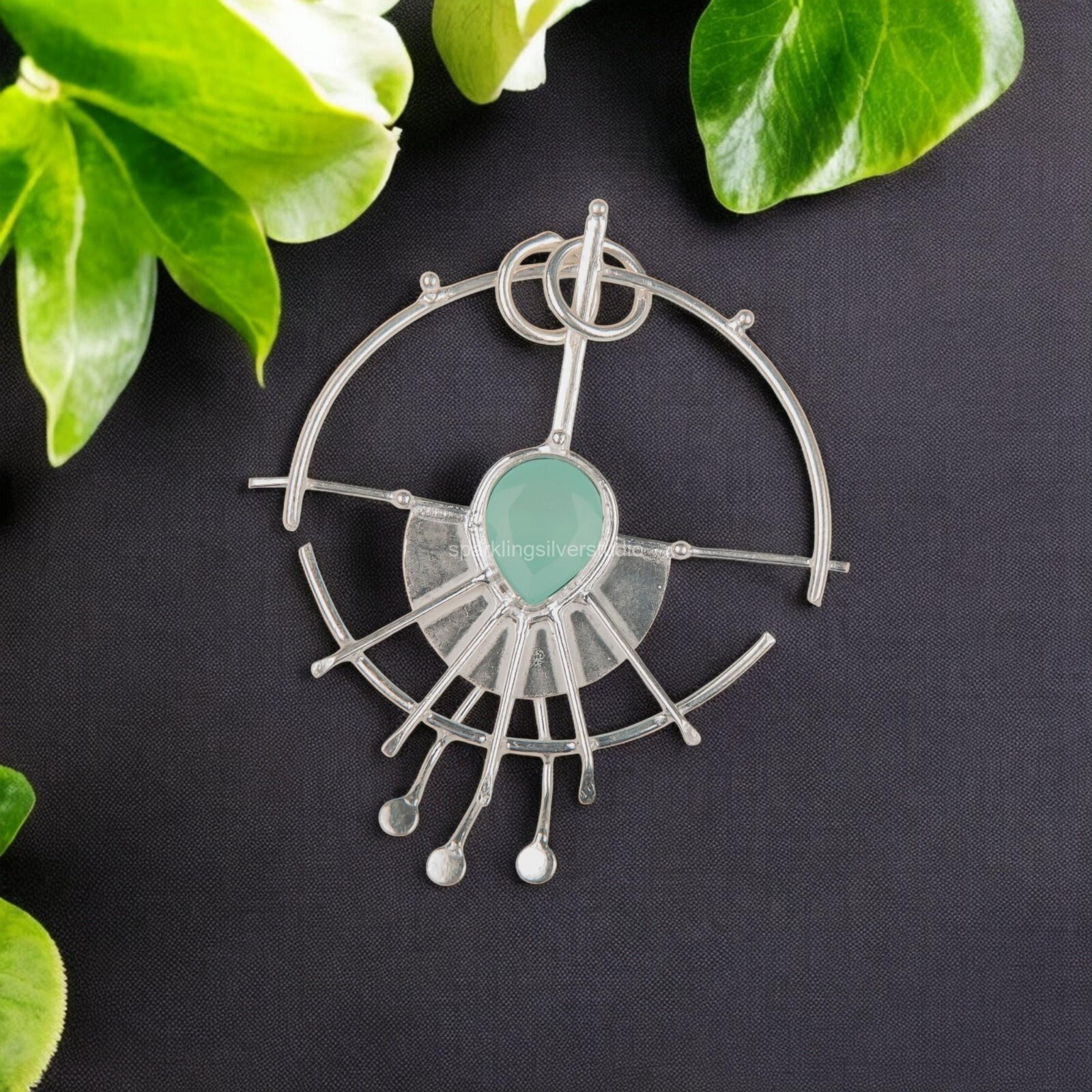 Aqua Chalcedony Gemstone Jewelry 925 Silver Handmade Dainty Pendant 2.2″ For Her